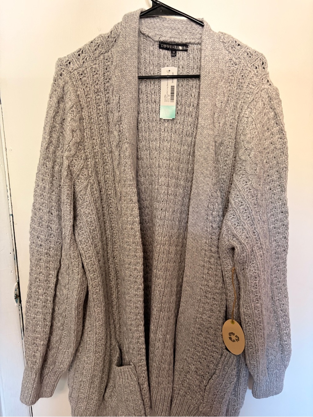 Love Tree Light Gray Cable Cardigan Open-Front with Pockets